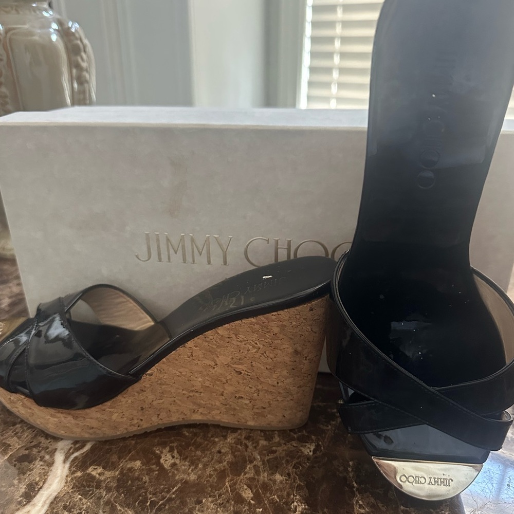 JIMMY CHOO platform wedges black patent leather sandals with gold accents